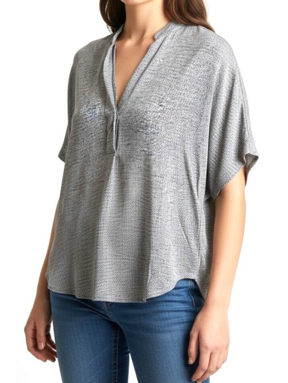 Vince Gray Printed Silk Popover Blouse Relaxed Minimalist Top Size XS